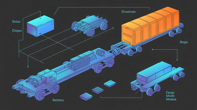 Detailed diagram of a trains components including battery, drivetrain, and cargo module on a dark background