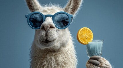Fototapeta premium Llama wears cool blue sunglasses. It holds a glass with orange slice. Soft, fluffy fur contrasts with bold accessories. Playful, quirky vibe with calm, confident demeanor