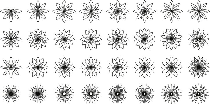 Set of black and white floral rosette icons with intricate petal patterns, radial ornaments, decorative flower shapes and abstract botanical vector elements