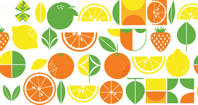 Seamless citrus fruit pattern with orange lemon lime and strawberry flat vector illustration colorful geometric background for summer design packaging and wallpaper