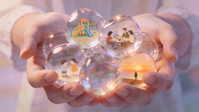 A person holding translucent, glass-like objects representing memories