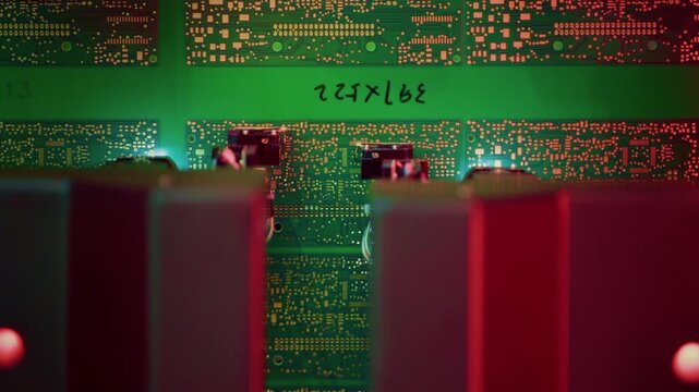 Automatic mechanical check of electronic board. Welding and installation of components, microchips and transistors. Technician testing microchip components for quality control. Modern manufacturing