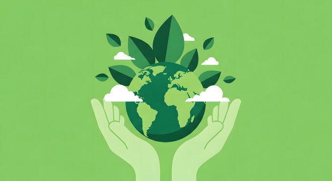 Two hands holding planet earth surrounded by green leaves and white clouds image