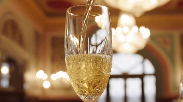 Slow motion close up view of champagne being poured into crystal flute glass with bubbles in ornate ballroom interior under chandelier lighting