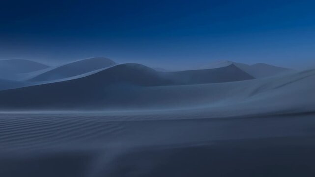 Serene desert landscape with rolling sand dunes under a twilight sky. Captures the tranquility and vastness of nature's beauty