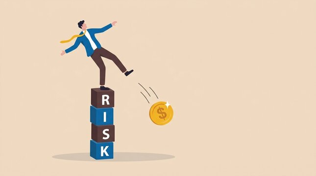 Businessman losing balance on 'RISK' blocks, symbolizing critical financial instability, imminent economic downfall, investment loss, and volatile business challenges