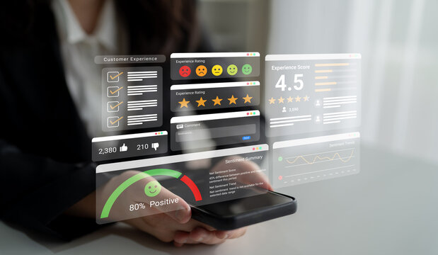 Feedback system with ratings, sentiment meter, and charts representing customer satisfaction and experience analysis Parse