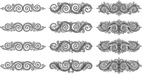 Vintage Ornamental Flourish Divider Collection with Decorative Swirls and Elegant Filigree Elements Isolated for Wedding Design, Invitations, Branding, and Classic Vector Artwork © MSTNURAJA
