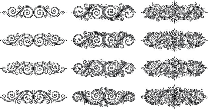 Vintage Ornamental Flourish Divider Collection with Decorative Swirls and Elegant Filigree Elements Isolated for Wedding Design, Invitations, Branding, and Classic Vector Artwork