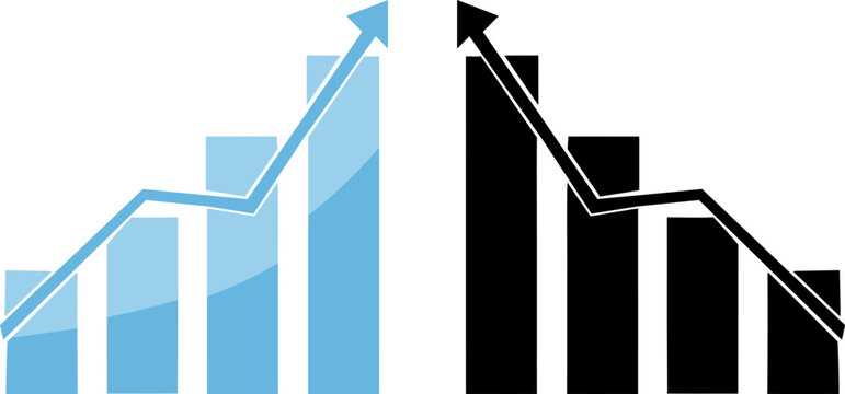 Growth and decline contrasting bar graphs with upward and downward trends silhouette