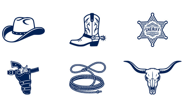 Cowboy Icon Set Classic Hat Boot Spur Sheriff Star Badge Leather Holster Rope Lasso Longhorn Skull Western Vector Illustration