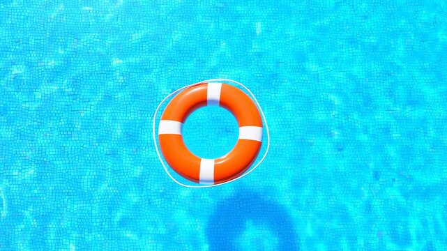 Bright orange life preserver floating in a clear blue swimming pool. Essential safety equipment for water activities and drowning prevention