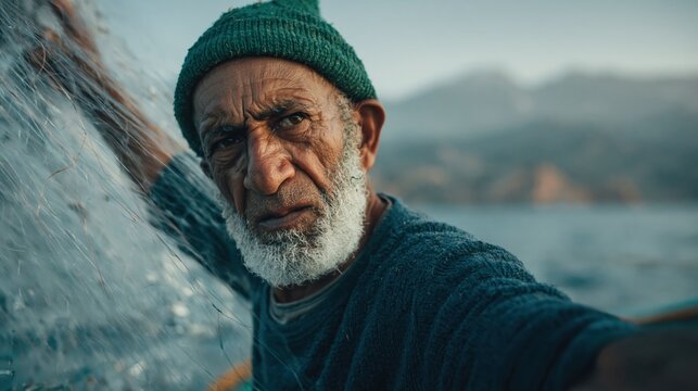 Weathered fisherman with white beard and green hat looks intensely at the camera