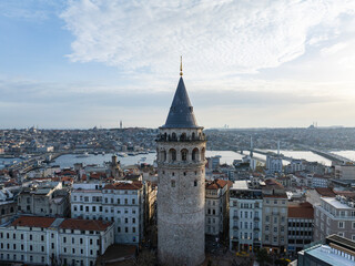 Obraz premium Galata Tower and Street in the Sunset Time Drone Photo, Galata Beyoglu, Istanbul Turkiye (Turkey)