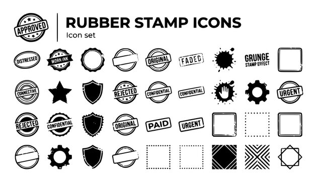 Red Ink Rubber Stamp Grunge Effect Icon Set Approved Distressed Oval Seal Worn Ink Badge Rough Edge Circular Faded Rectangular Splattered Aged Border Vector Illustration