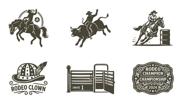Rodeo Icon Set Bucking Bronco Bull Riding Barrel Racing Rodeo Clown Hat Arena Gate Chute Champion Buckle Trophy Western Vector Illustration