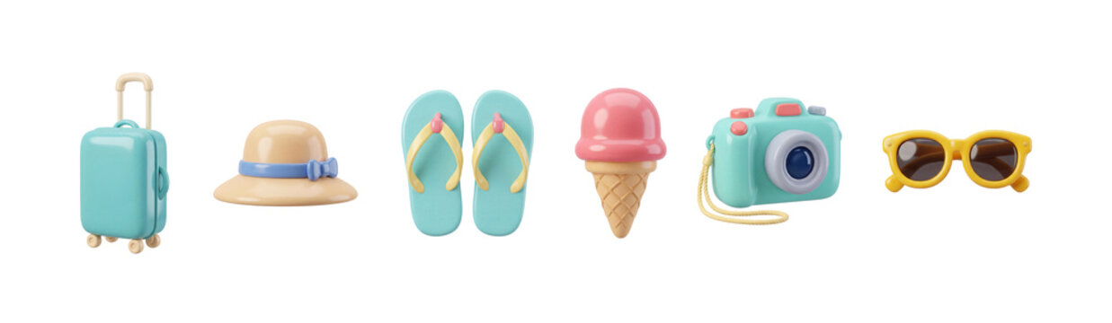 Set of purchases clipart elements, camera, sunglasses, suitcase, hat, flip-flops and ice cream in claymorphism style isolated. 3d icons for summer vacation and travel. PNG transparent background
