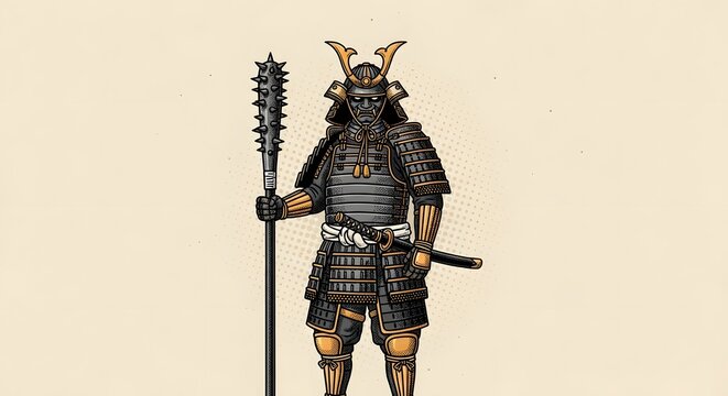 Traditional Japanese samurai warrior in full armor with kanabo club. Bushido code and ancient military history. Fierce shogun soldier standing with a spiked weapon and katana sword.