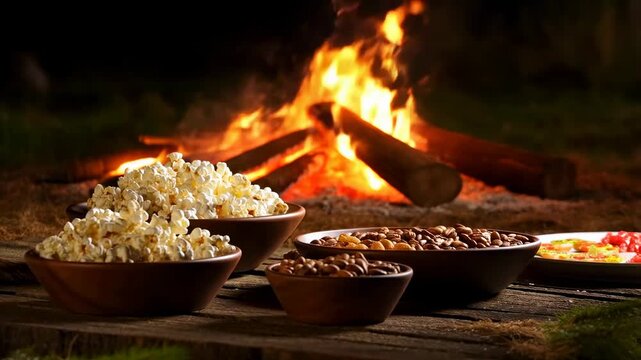 Delicious snacks including popcorn and nuts arranged around a cozy campfire. Perfect for outdoor gatherings and creating memorable moments