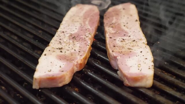 Close-up footage of a thick, raw slice of smoked bacon or pork belly resting on the black bars of a hot grill. The meat shows distinct layers of pink flesh and white fat, ready for cooking.