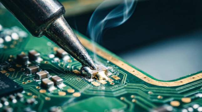 Macro view of soldering process on a printed circuit board with visible solder joint and rising fumes.