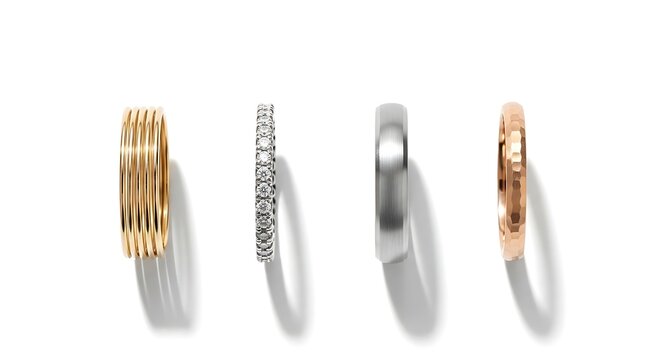 Four stylish rings displayed on a white background, showcasing different designs and metals.