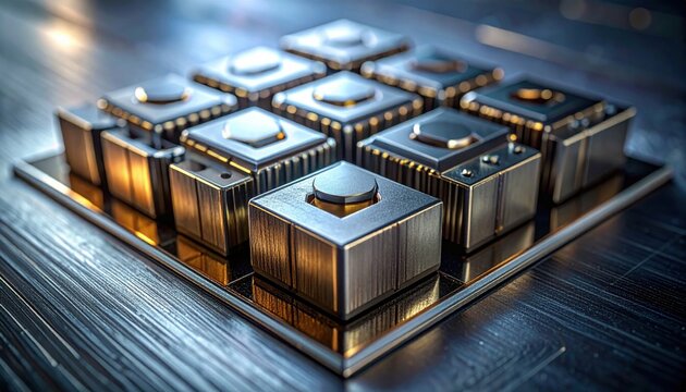 A high magnification view of a superconducting qubit array featuring precise geometric structures, representing the cutting edge of modern quantum computing technology hardware.