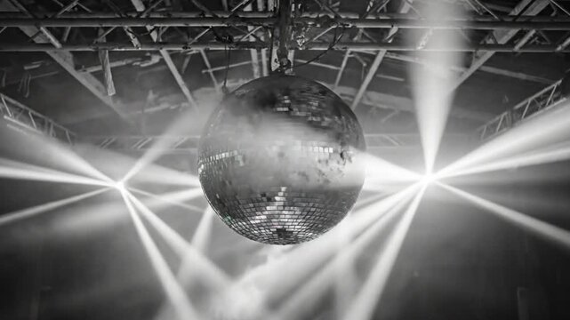 Black and white shot of a disco ball hanging in an empty performance hall with stage lights and smoke creating a dramatic atmosphere
