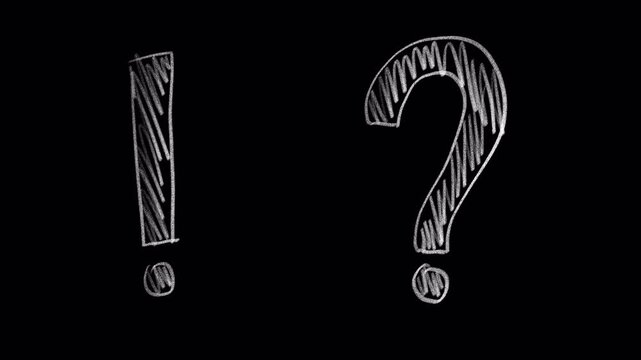 Question and exclamation marks in white chalk, doodle animation, transparent background