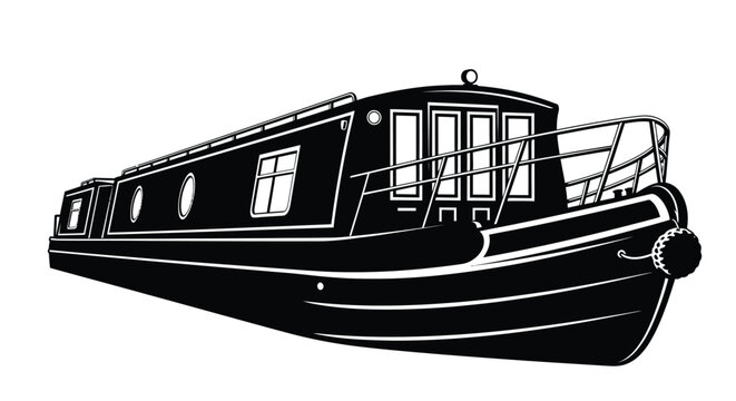 Detailed black and white illustration of a narrowboat striking silhouette