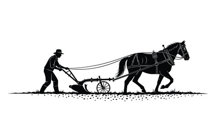 Farmer plowing a field with a horse drawn plow a striking silhouette © Digonto