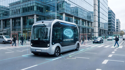 Fototapeta premium AI-powered autonomous bus navigating a busy urban street, demonstrating intelligent transportation, smart city mobility, and future self-driving technology