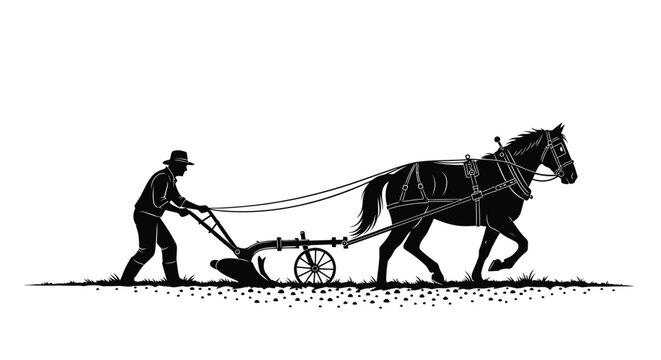 Farmer plowing a field with a horse drawn plow a striking silhouette