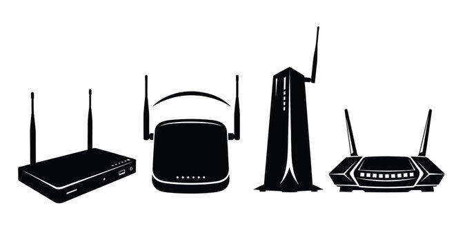 Various wireless routers displayed in a clean black silhouette high quality