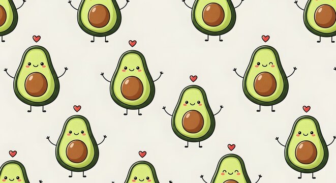 Happy avocado characters with hearts seamless pattern. Healthy lifestyle and superfood love concept. Cute green avocado mascots waving with small red hearts on light background