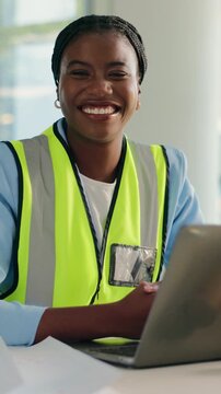 Architect, face and black woman with smile for laptop, floorplan and building renovation. Engineer, portrait and worker with tech for urban planning, blueprint and document for project management
