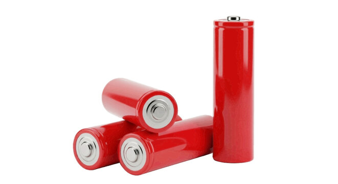 Vector illustration&nbsp;of four red cylindrical batteries on a transparent background
