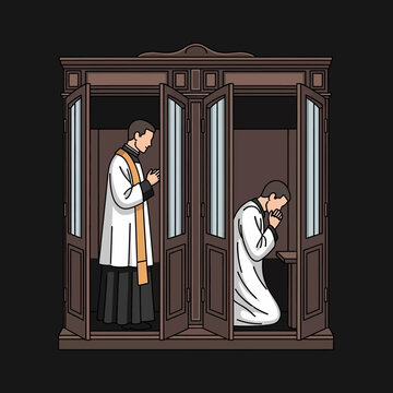 Priest and parishioner in confession booth praying together