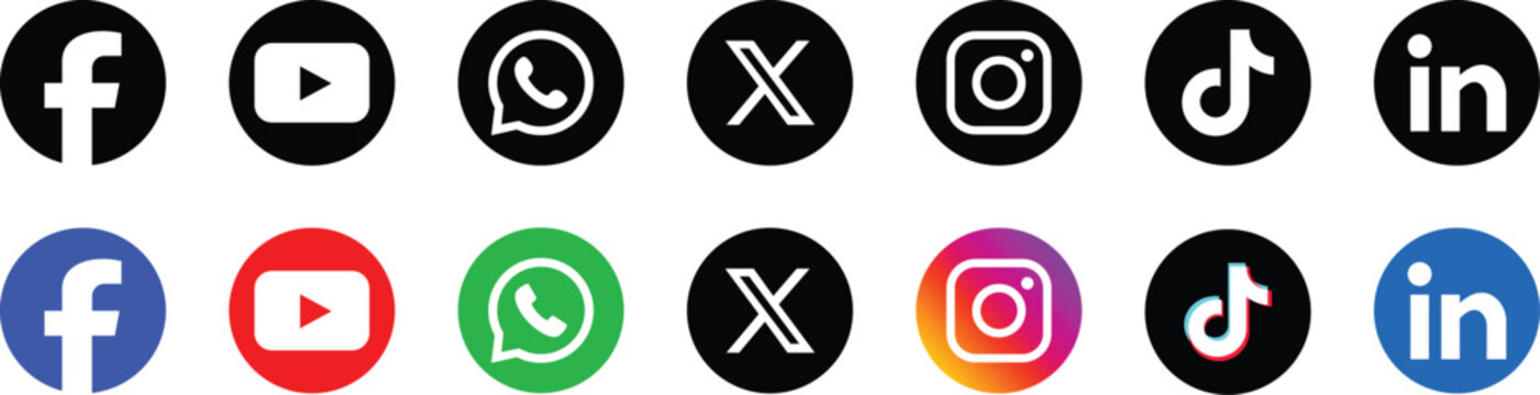 Social Media Circle Icons Set Facebook YouTube WhatsApp X Instagram TikTok LinkedIn, vector, illustration