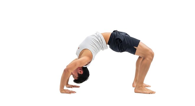 A man in a white tank top and black shorts performing a backbend exercise on a plain white background