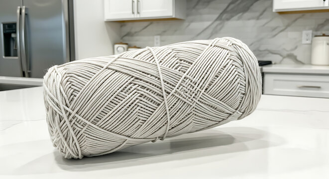 Large skein of grey and white speckled cotton yarn resting on a white marble countertop in a modern kitchen with knitting speckled needlework handmade creative material