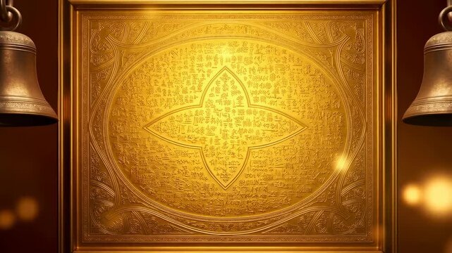 Golden engraved plaque with intricate designs and ancient inscriptions, symbolizing cultural heritage and historical significance