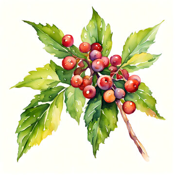 Single Hackberry Cluster Watercolor Illustration Isolated on White