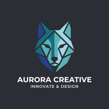 A stylish logo design of a wolf's head, presented in a modern geometric style, reflecting innovation and creativity within a prestigious design agency setting.