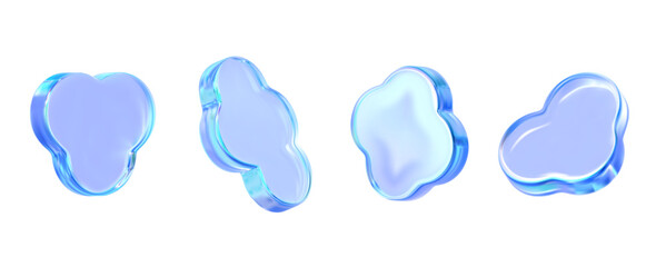 Fototapeta premium Modern abstract blue glass hearts and clouds – glossy 3D holographic y2k shapes set