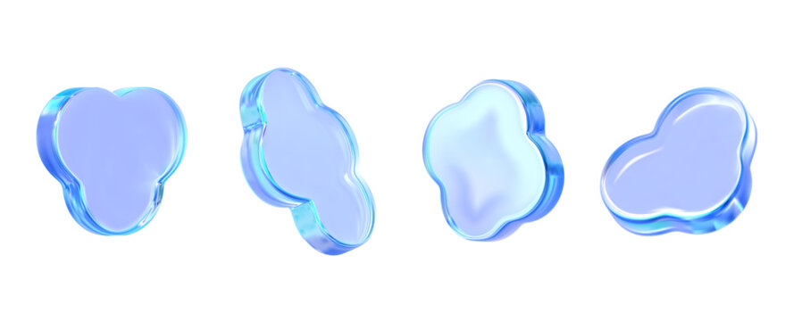 Modern abstract blue glass hearts and clouds &ndash; glossy 3D holographic y2k shapes set