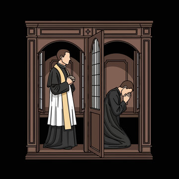 Priest and penitent in confessional booth praying and listening