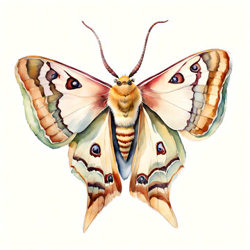 Single Silk Moth Watercolor Illustration Isolated on White