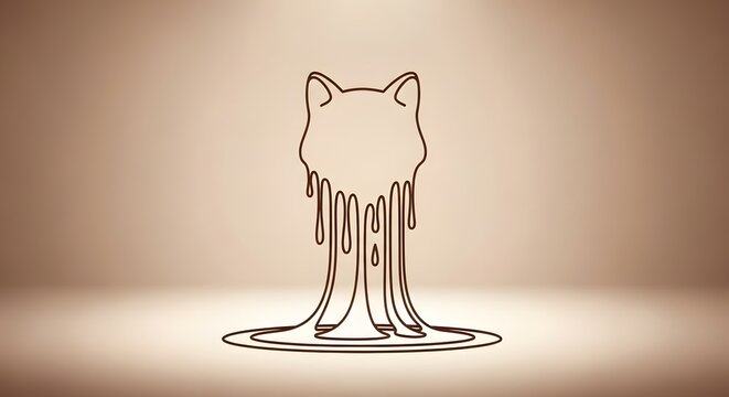 Melting cat head silhouette with liquid drips. Creative feline profile and surreal animal concept art. Abstract cat face icon melting into a puddle on a neutral studio background.