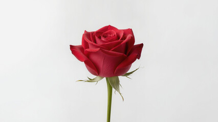 Fototapeta premium red rose on a white background, Vibrant red rose centered on white. Classic romantic crimson bloom in profile. Elegant botanical portrait of scarlet rose. Symbolic red petals with velvet texture.